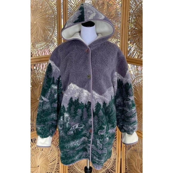 Vintage Basic Editions Fleece Hooded Jacket Forest Deer Cabin Woodland Green M - Picture 8 of 8